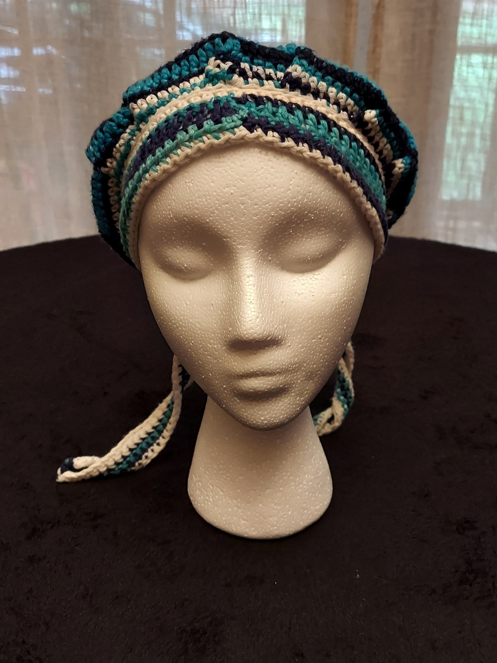Striped Crochet Bonnet Style Hat/Scrub Cap/Hair Covering in Blue, Teal & White